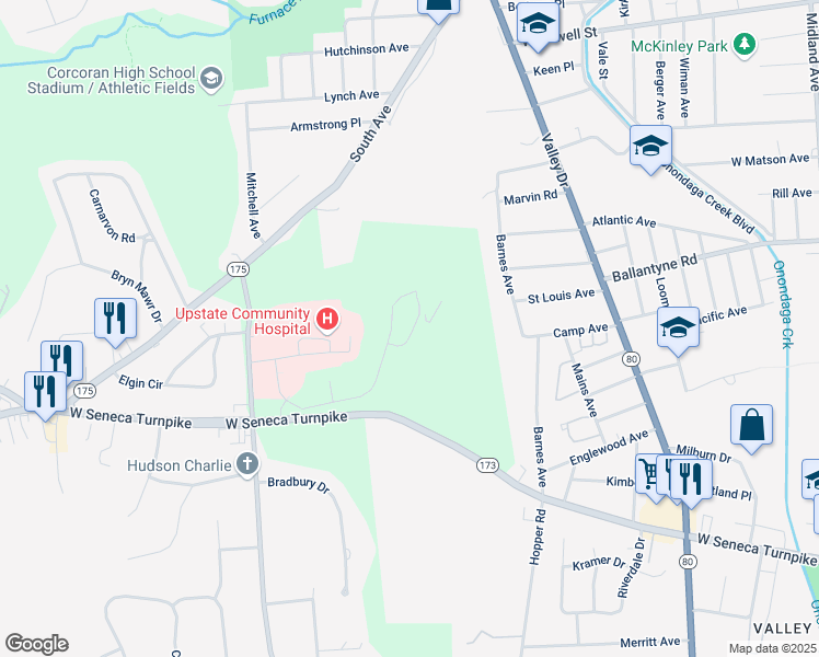 map of restaurants, bars, coffee shops, grocery stores, and more near 5075 West Seneca Turnpike in Syracuse