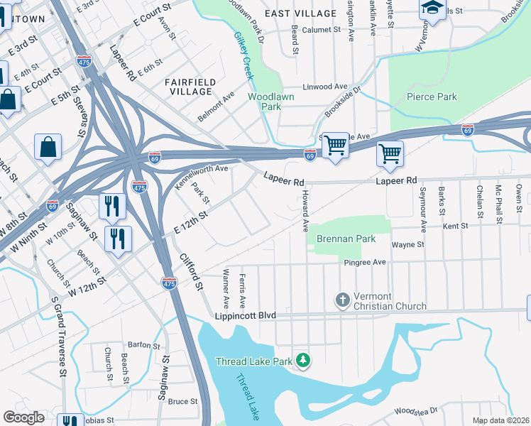 map of restaurants, bars, coffee shops, grocery stores, and more near 1913 Jasmine Avenue in Flint