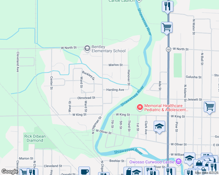 map of restaurants, bars, coffee shops, grocery stores, and more near 1006 North Chipman Street in Owosso