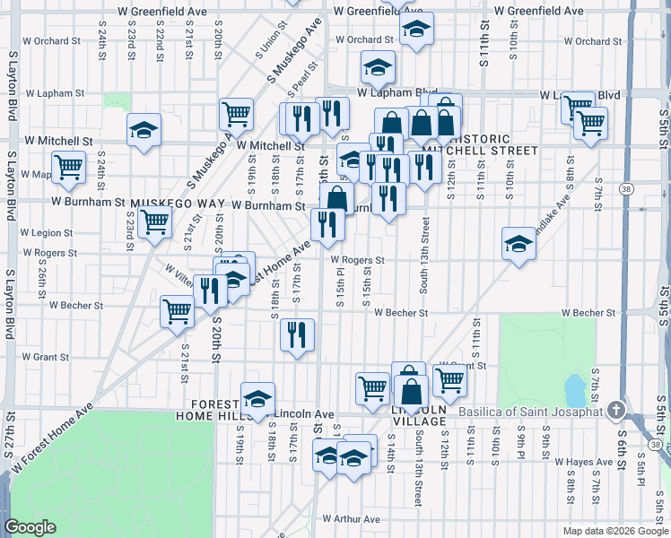 map of restaurants, bars, coffee shops, grocery stores, and more near 2012 South 16th Street in Milwaukee