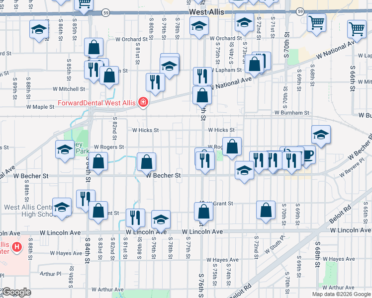 map of restaurants, bars, coffee shops, grocery stores, and more near 7727 West Rogers Street in West Allis
