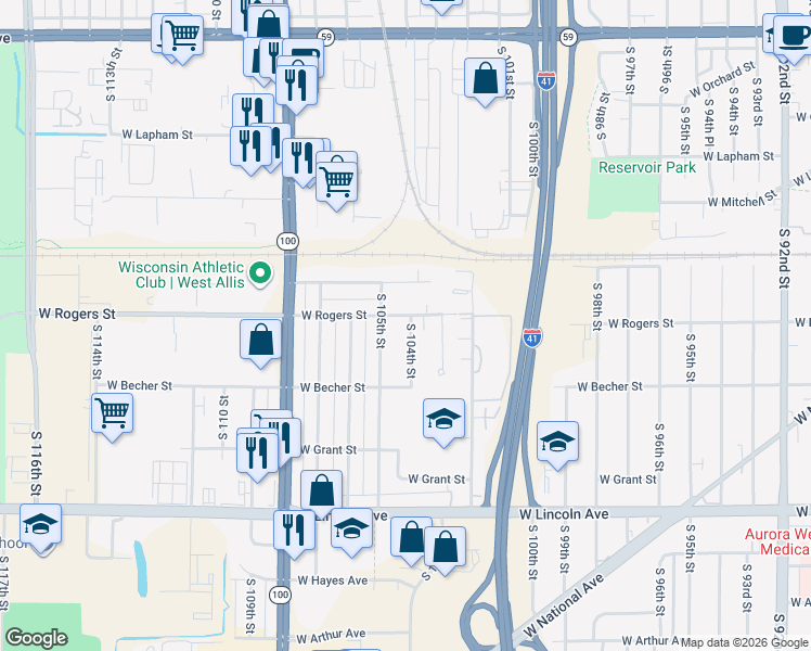 map of restaurants, bars, coffee shops, grocery stores, and more near 10417 West Rogers Street in West Allis