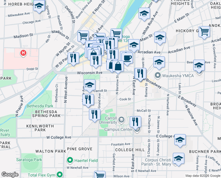 map of restaurants, bars, coffee shops, grocery stores, and more near 216 Carroll Street in Waukesha