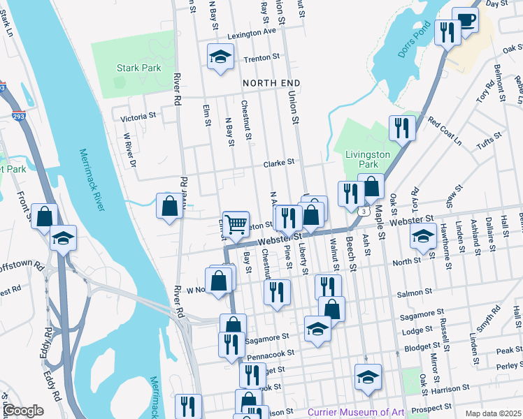 map of restaurants, bars, coffee shops, grocery stores, and more near 831 Chestnut Street in Manchester
