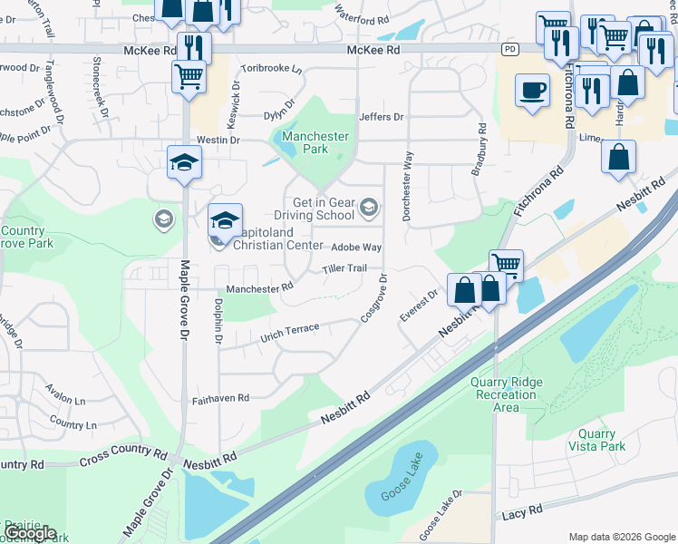 map of restaurants, bars, coffee shops, grocery stores, and more near 6233 Tiller Trail in Madison