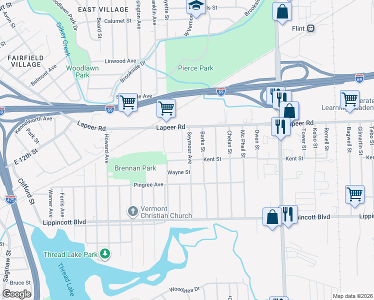 map of restaurants, bars, coffee shops, grocery stores, and more near 1840 Seymour Avenue in Flint