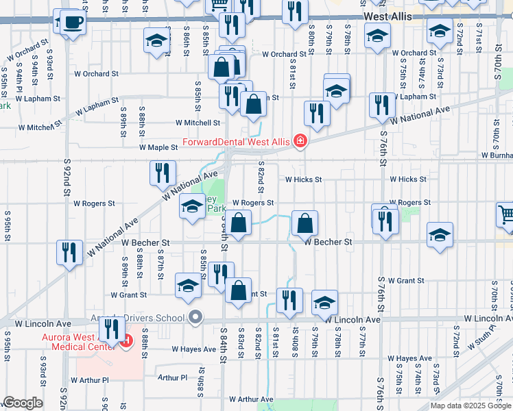 map of restaurants, bars, coffee shops, grocery stores, and more near 2001 South 82nd Street in West Allis