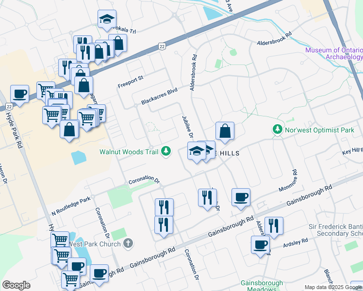 map of restaurants, bars, coffee shops, grocery stores, and more near 1717 Jubilee Drive in London