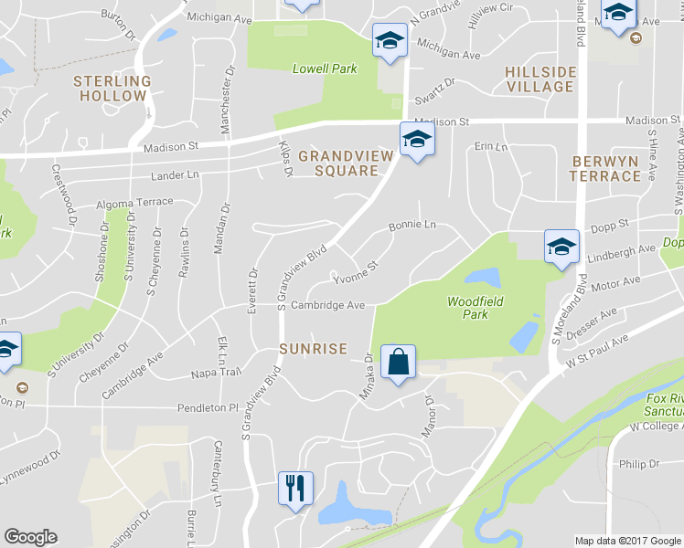 map of restaurants, bars, coffee shops, grocery stores, and more near 2210 Yvonne Street in Waukesha