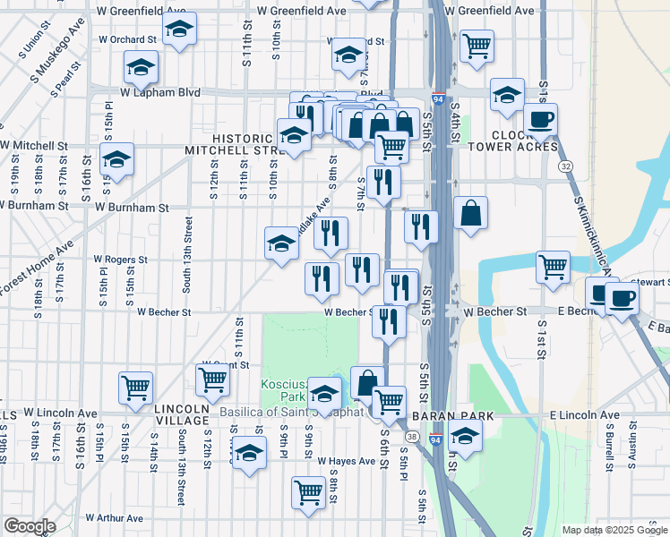 map of restaurants, bars, coffee shops, grocery stores, and more near 2010 South 8th Street in Milwaukee
