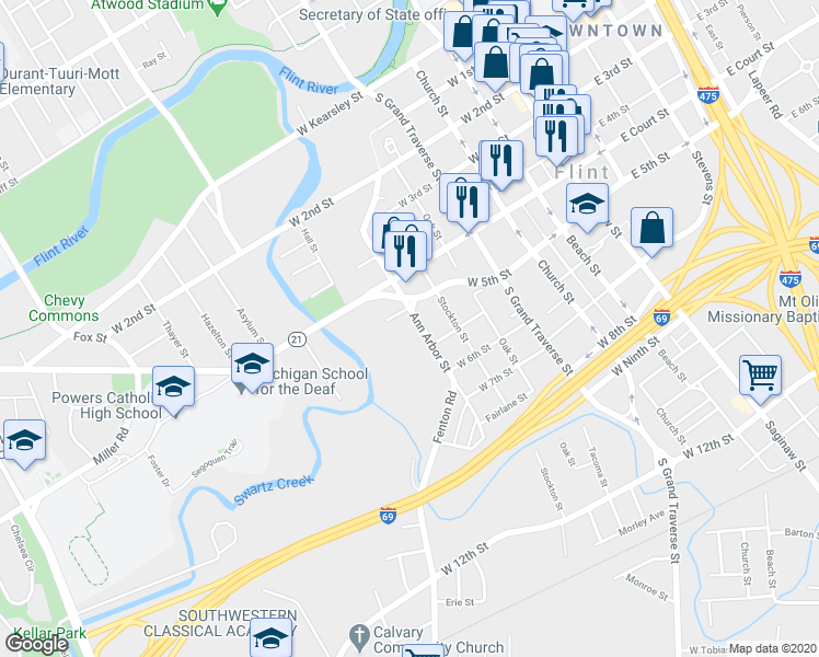 map of restaurants, bars, coffee shops, grocery stores, and more near 1016 Ann Arbor Street in Flint
