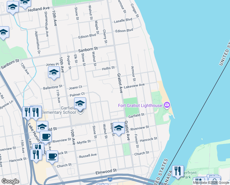 map of restaurants, bars, coffee shops, grocery stores, and more near 714 Lakeview Avenue in Port Huron