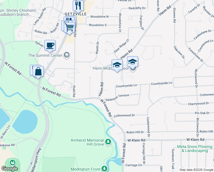 map of restaurants, bars, coffee shops, grocery stores, and more near 33 Heim Road in Buffalo