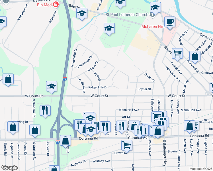 map of restaurants, bars, coffee shops, grocery stores, and more near 3234 Ridgecliffe Drive in Flint