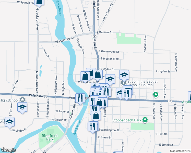 map of restaurants, bars, coffee shops, grocery stores, and more near 225 N Main St in Jefferson
