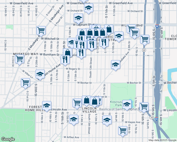 map of restaurants, bars, coffee shops, grocery stores, and more near 2009 South 13th Street in Milwaukee