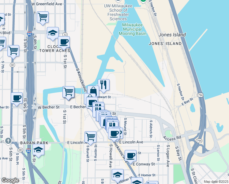 map of restaurants, bars, coffee shops, grocery stores, and more near 1977 South Allis Street in Milwaukee