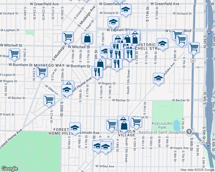 map of restaurants, bars, coffee shops, grocery stores, and more near 2009 South 15th Street in Milwaukee