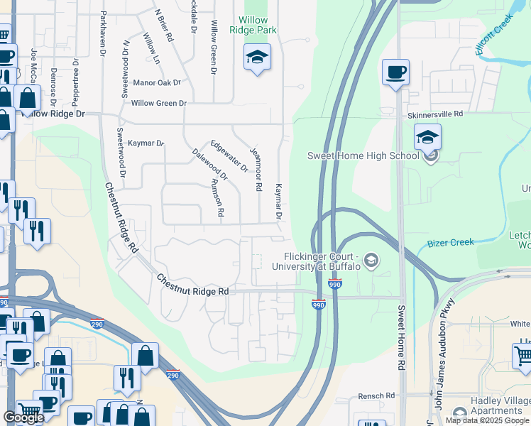 map of restaurants, bars, coffee shops, grocery stores, and more near 159 Jeanmoor Road in Buffalo