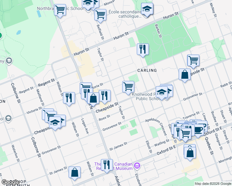 map of restaurants, bars, coffee shops, grocery stores, and more near 686 Strathmeyer Street in London