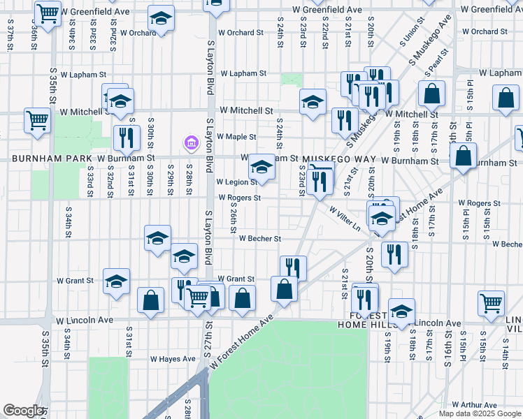 map of restaurants, bars, coffee shops, grocery stores, and more near 2020 South 25th Street in Milwaukee