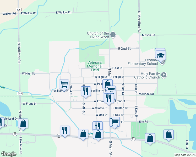 map of restaurants, bars, coffee shops, grocery stores, and more near 141 West High Street in Ovid