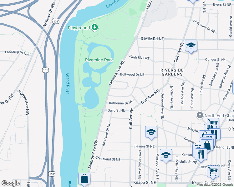 map of restaurants, bars, coffee shops, grocery stores, and more near 117 Pershing Drive Northeast in Grand Rapids