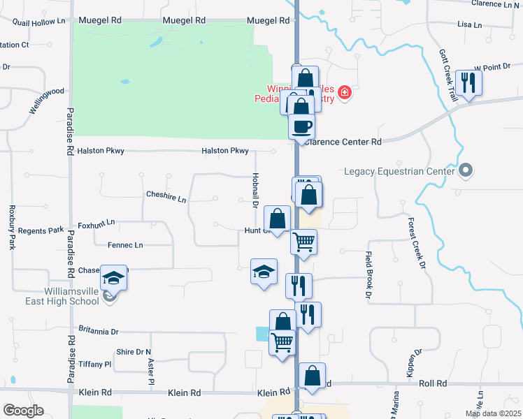 map of restaurants, bars, coffee shops, grocery stores, and more near 35 Hobnail Drive in East Amherst