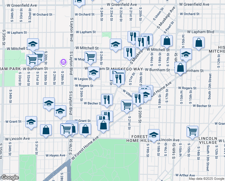 map of restaurants, bars, coffee shops, grocery stores, and more near 2016 South 23rd Street in Milwaukee