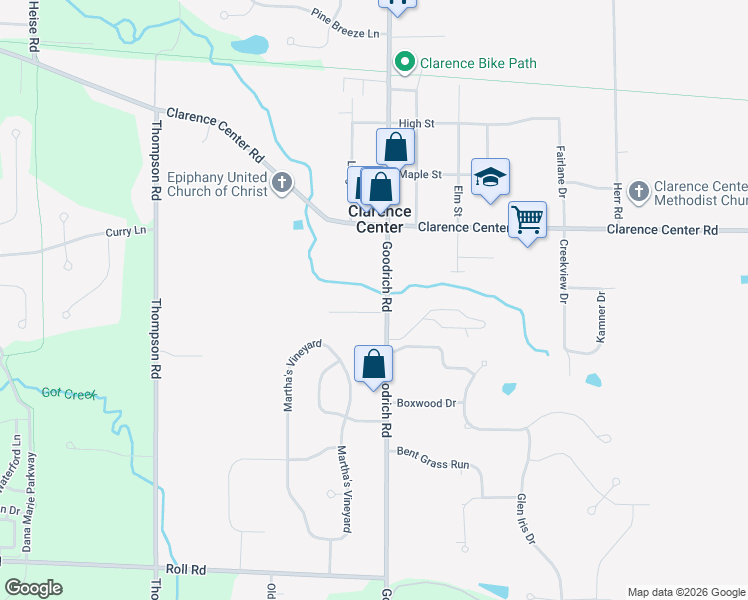 map of restaurants, bars, coffee shops, grocery stores, and more near 5900 Goodrich Road in Clarence Center