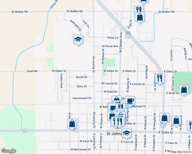 map of restaurants, bars, coffee shops, grocery stores, and more near 708 North Lansing Street in Saint Johns