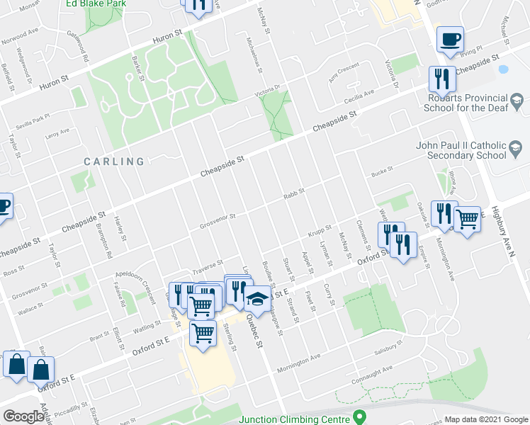 map of restaurants, bars, coffee shops, grocery stores, and more near 85 Stuart Street in London