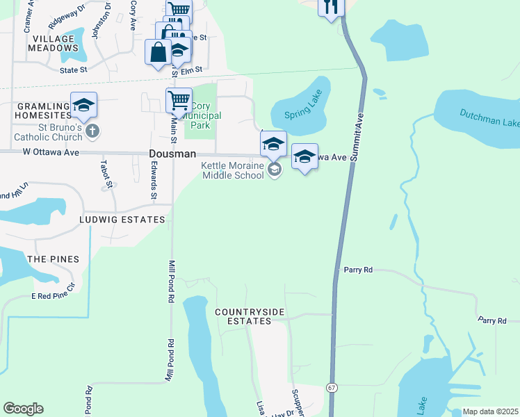 map of restaurants, bars, coffee shops, grocery stores, and more near 301 East Ottawa Avenue in Dousman