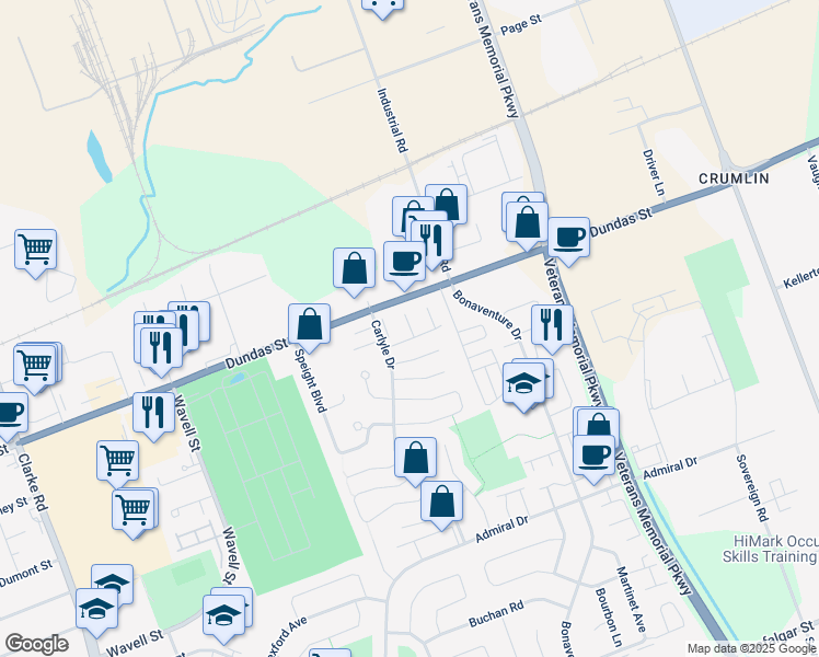 map of restaurants, bars, coffee shops, grocery stores, and more near 210 Carlyle Drive in London