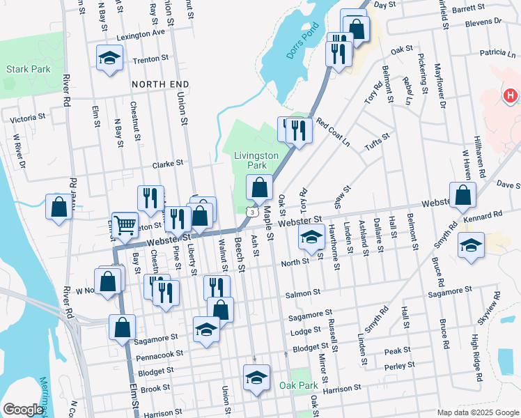 map of restaurants, bars, coffee shops, grocery stores, and more near 53 Hooksett Road in Manchester