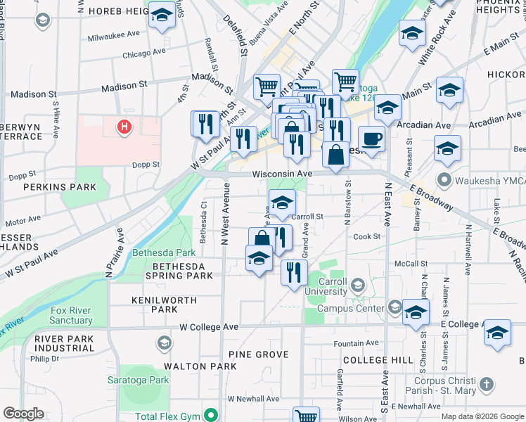 map of restaurants, bars, coffee shops, grocery stores, and more near 504 Maple Avenue in Waukesha