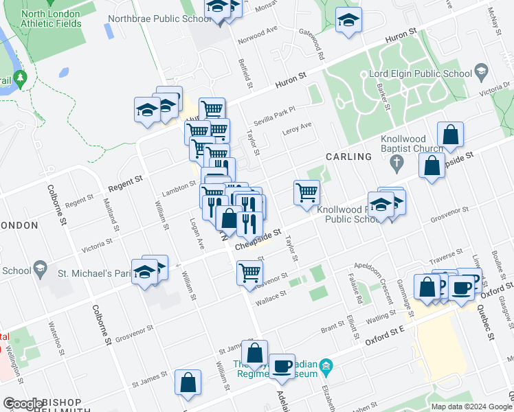 map of restaurants, bars, coffee shops, grocery stores, and more near 406-650 Cheapside Street in London