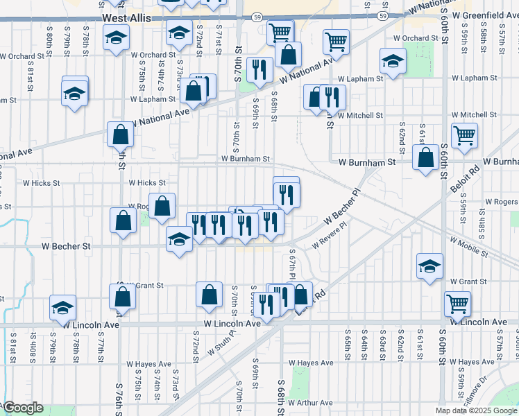 map of restaurants, bars, coffee shops, grocery stores, and more near 2000 South 69th Street in West Allis