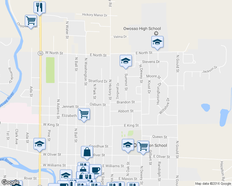 map of restaurants, bars, coffee shops, grocery stores, and more near 921 Dingwall Drive in Owosso