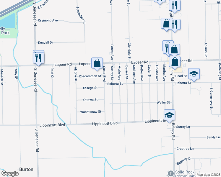 map of restaurants, bars, coffee shops, grocery stores, and more near 1392 Audrey Street in Burton