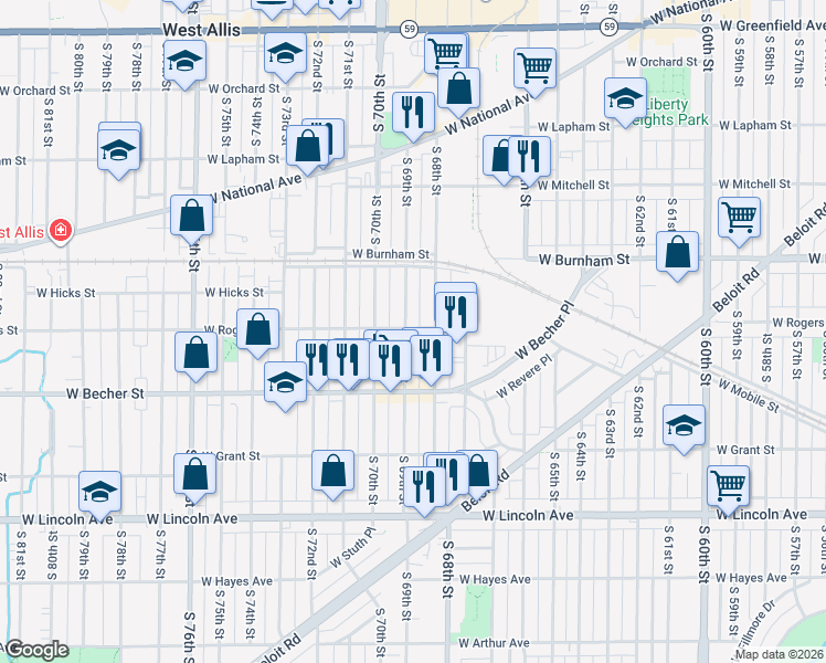map of restaurants, bars, coffee shops, grocery stores, and more near 2000 South 69th Street in West Allis