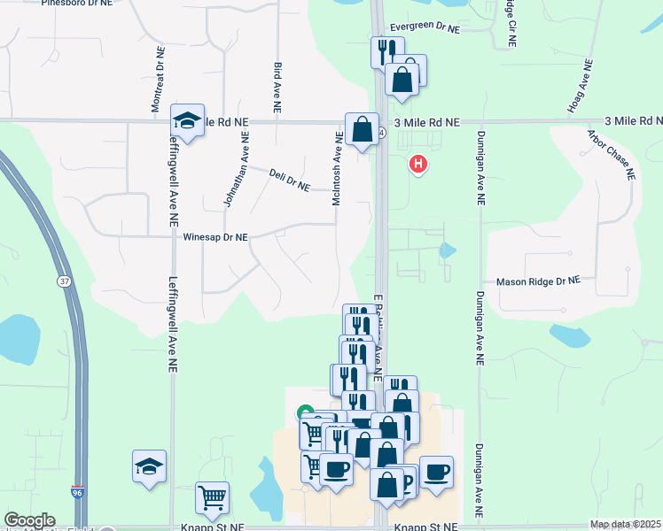 map of restaurants, bars, coffee shops, grocery stores, and more near 2525 McIntosh Avenue Northeast in Grand Rapids charter Township