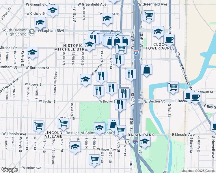 map of restaurants, bars, coffee shops, grocery stores, and more near 2010 South 8th Street in Milwaukee