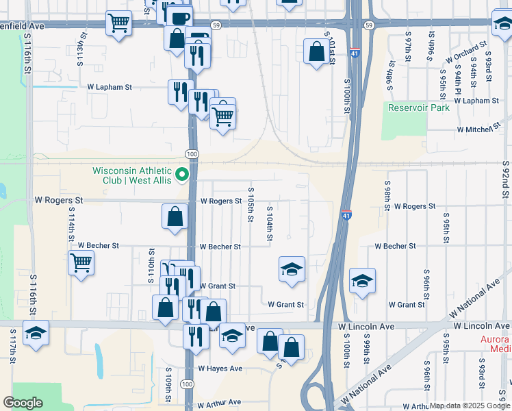 map of restaurants, bars, coffee shops, grocery stores, and more near 10417 West Rogers Street in West Allis