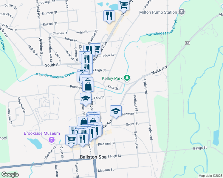 map of restaurants, bars, coffee shops, grocery stores, and more near 16 Kent Street in Ballston Spa