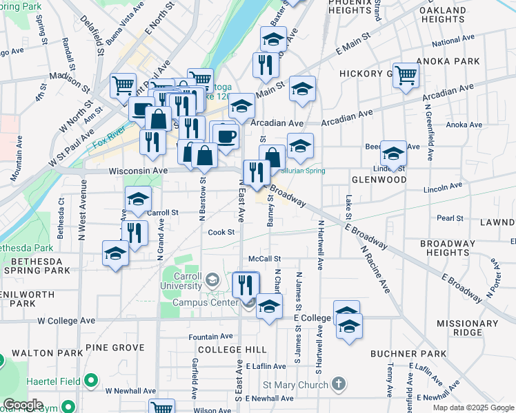 map of restaurants, bars, coffee shops, grocery stores, and more near 505 North East Avenue in Waukesha