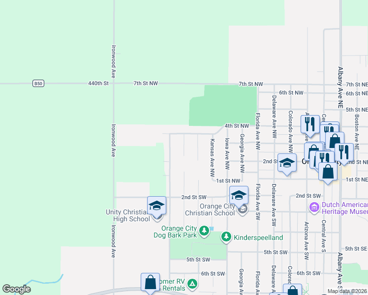map of restaurants, bars, coffee shops, grocery stores, and more near Louisiana Avenue Northwest in Orange City