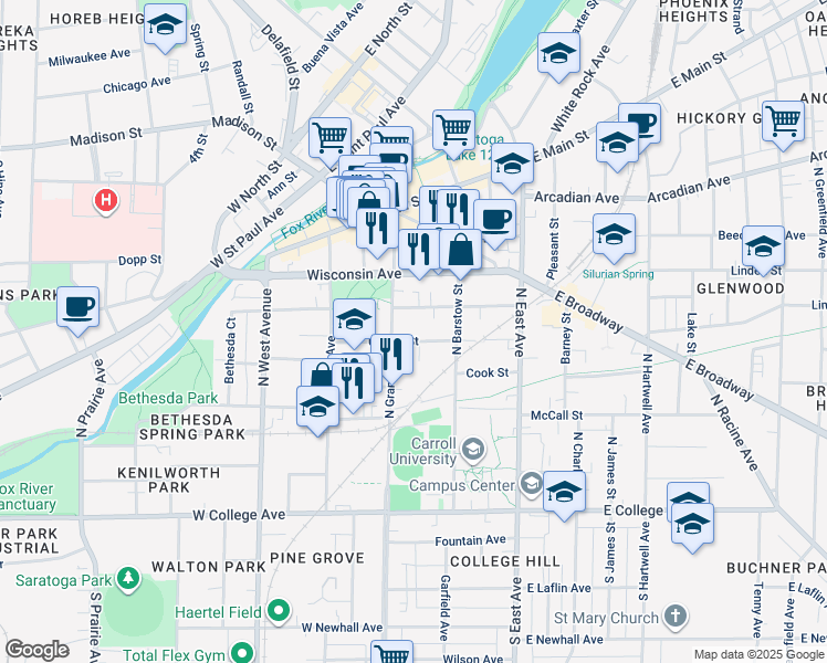 map of restaurants, bars, coffee shops, grocery stores, and more near 234 Carroll Street in Waukesha