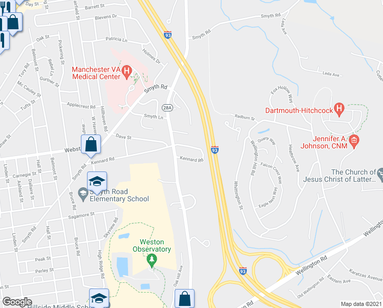map of restaurants, bars, coffee shops, grocery stores, and more near 487 Kennard Road in Manchester