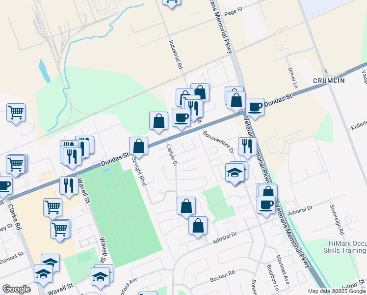 map of restaurants, bars, coffee shops, grocery stores, and more near 210 Carlyle Drive in London